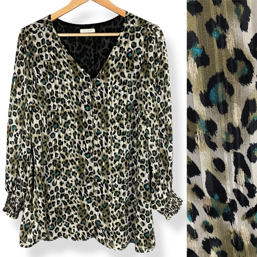 Ava James Blouse Leopard Print Metallic Animal V-Neck Size 14/16 Shirred Cuffs